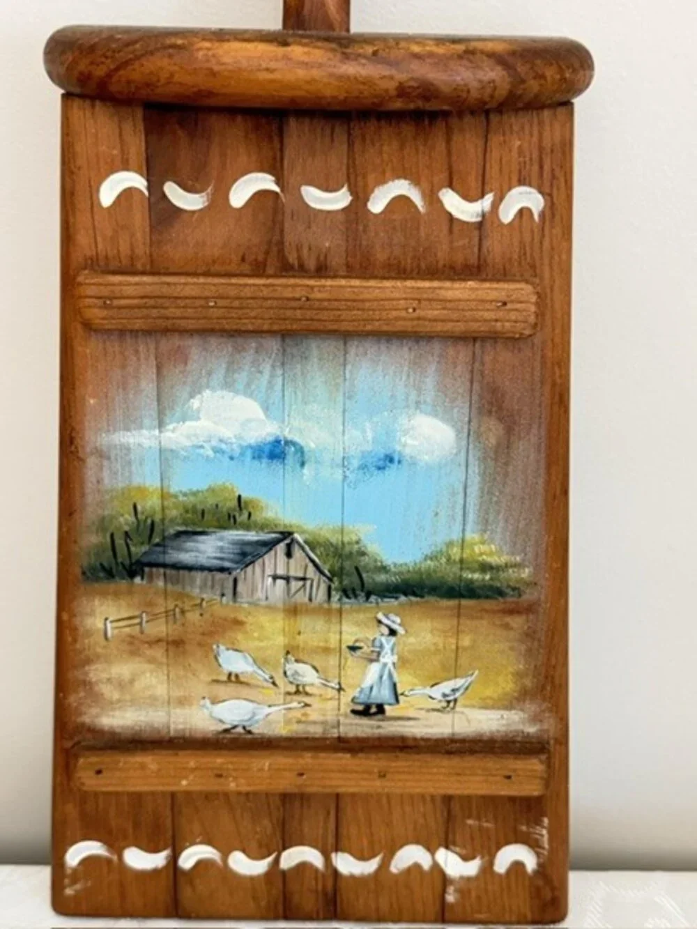 Country Geese Hand Painted Wooden Wall Plaque Farm Girl Ducks Butter Churn 20